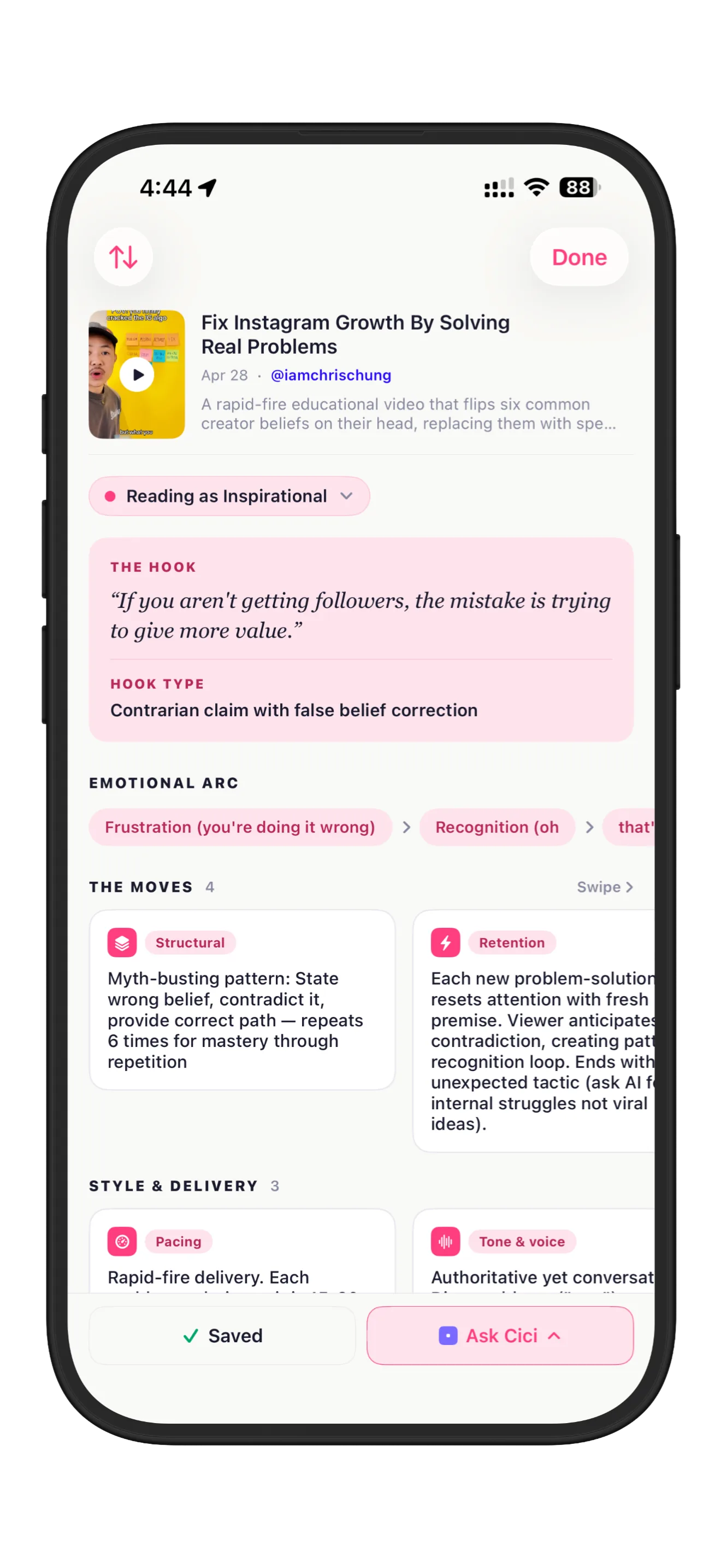 Creator Creator content analysis screen showing hook, moves, style and delivery